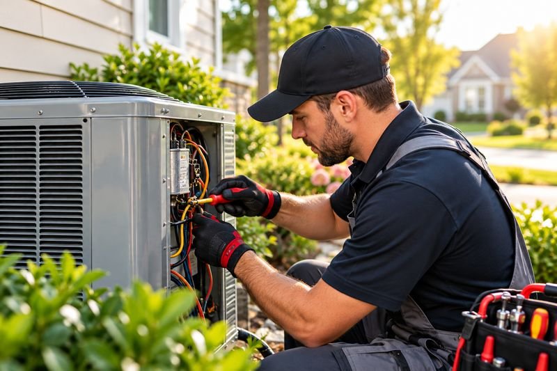 Technician working on the electrical panel of an outdoor AC condenser