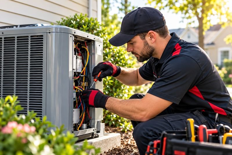 Technician checking components inside an outdoor HVAC unit beside a house