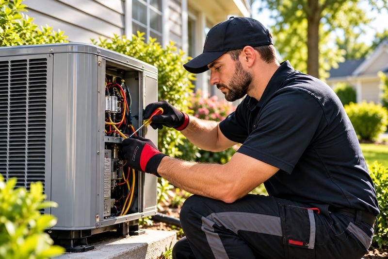 Technician servicing the side panel of an outdoor condenser on a sunny day