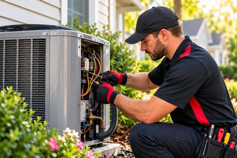 Technician servicing an outdoor air conditioner next to a home