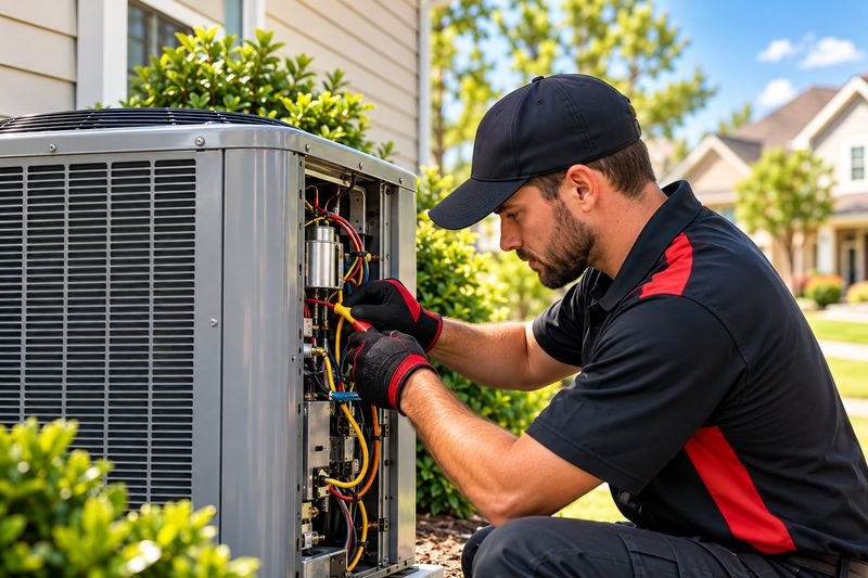 Technician servicing the wiring of an outdoor AC unit in a residential neighborhood