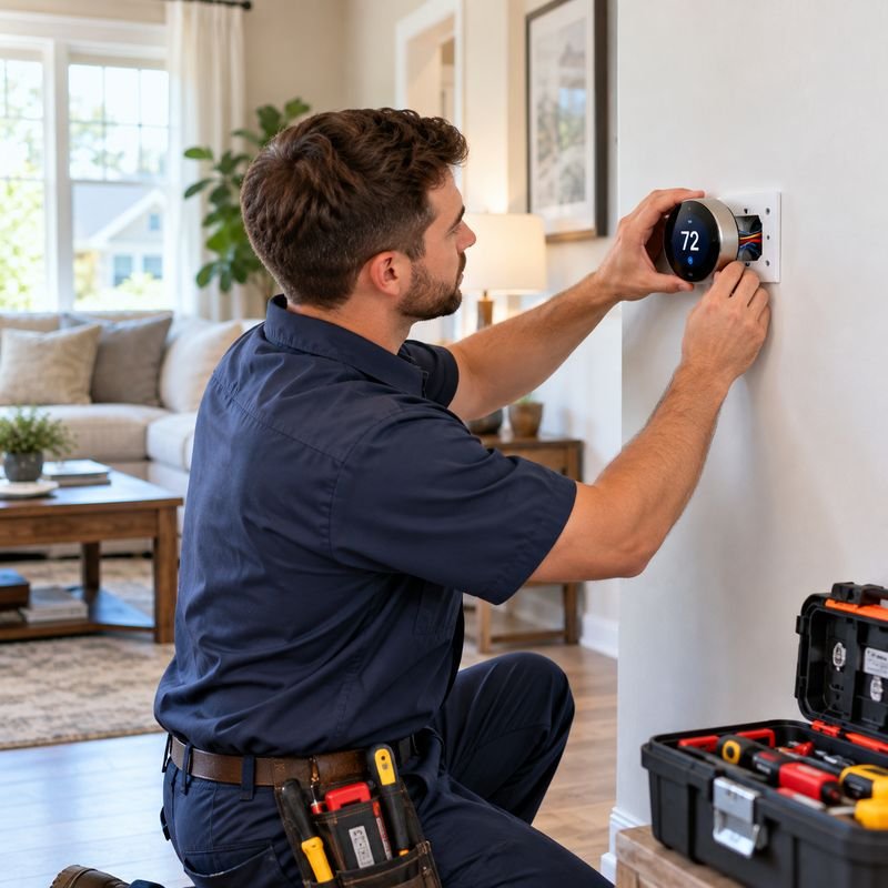 Technician adjusting a wall thermostat in a living room