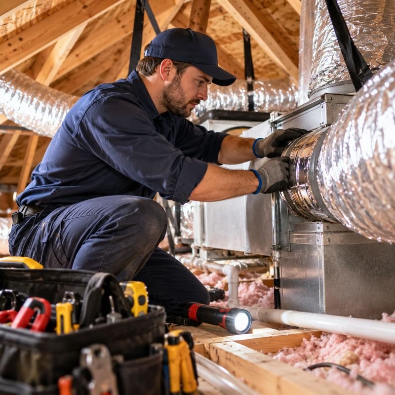 Technician inspecting insulated ductwork in an attic