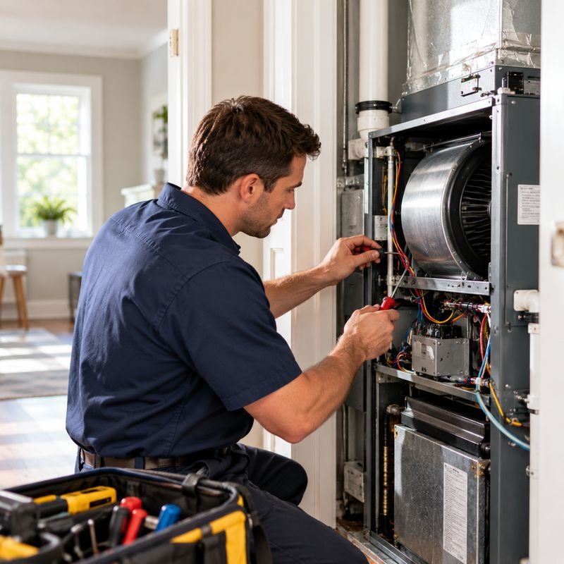 Technician inspecting the blower and wiring inside an indoor furnace cabinet