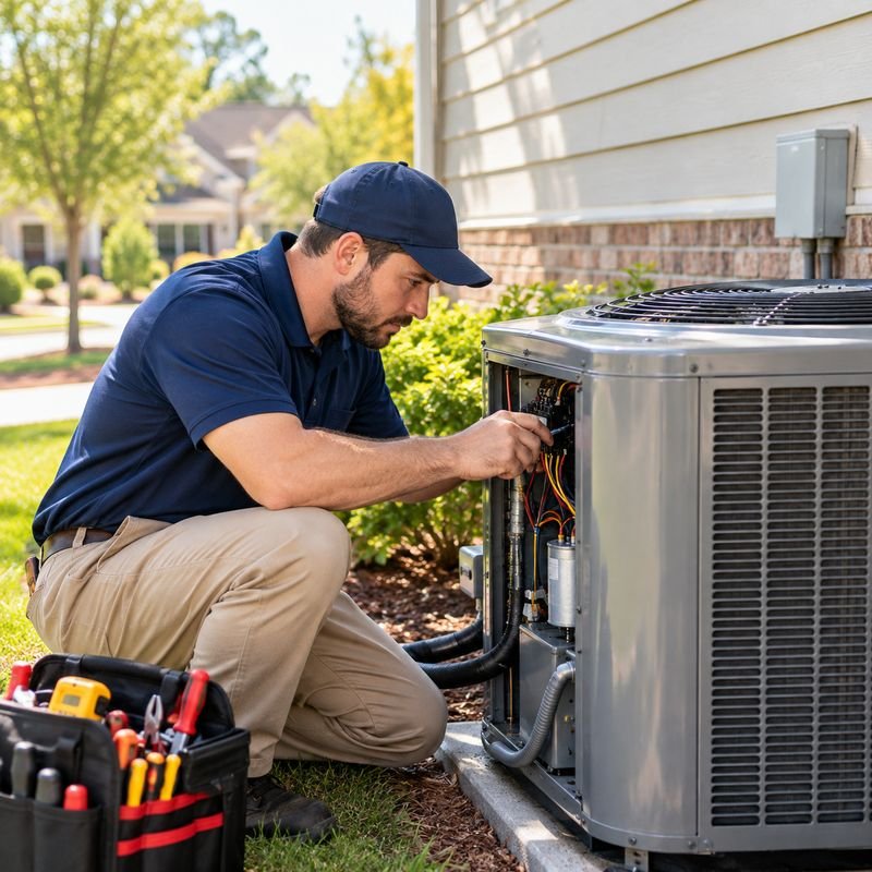 Technician servicing an outdoor AC unit beside a house with a brick foundation