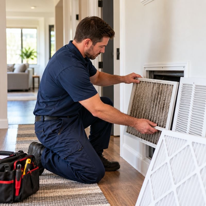 Technician replacing the filter behind a return air grille
