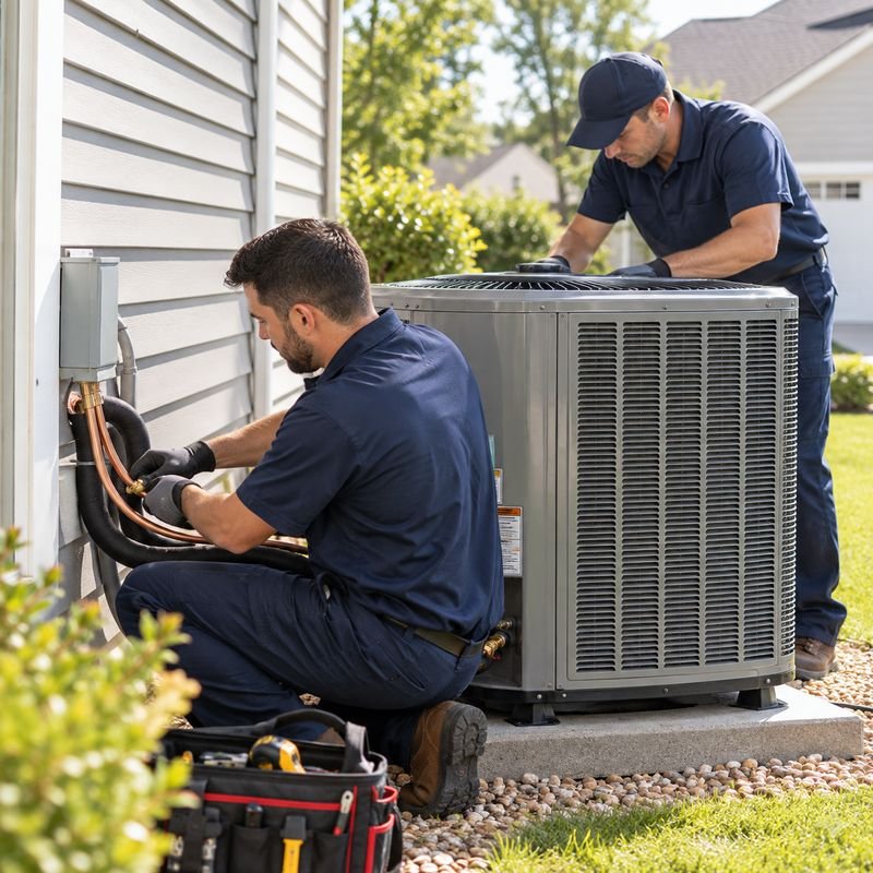 Two technicians working on an outdoor condenser beside a house